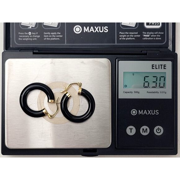 14K Yellow Gold Onyx Hoop Earrings 1" Diameter 6.29 Grams - Picture 6 of 6